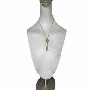 Lia Sophia Signed Green Glass Pendant Tassel Necklace Gold Tone Retired